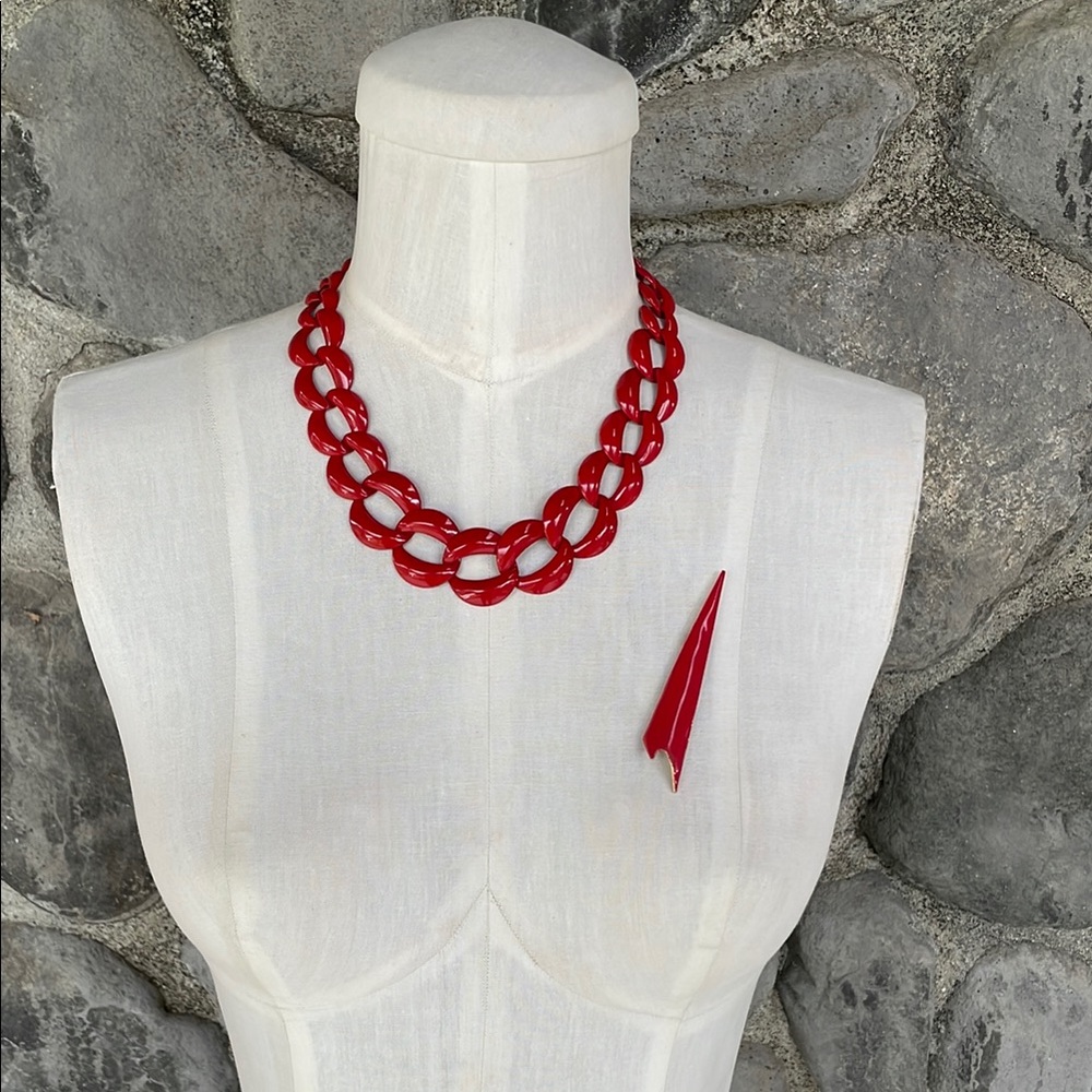 Napier Red Enamel Chain Necklace with Gold-tone Clasp with similar brooch